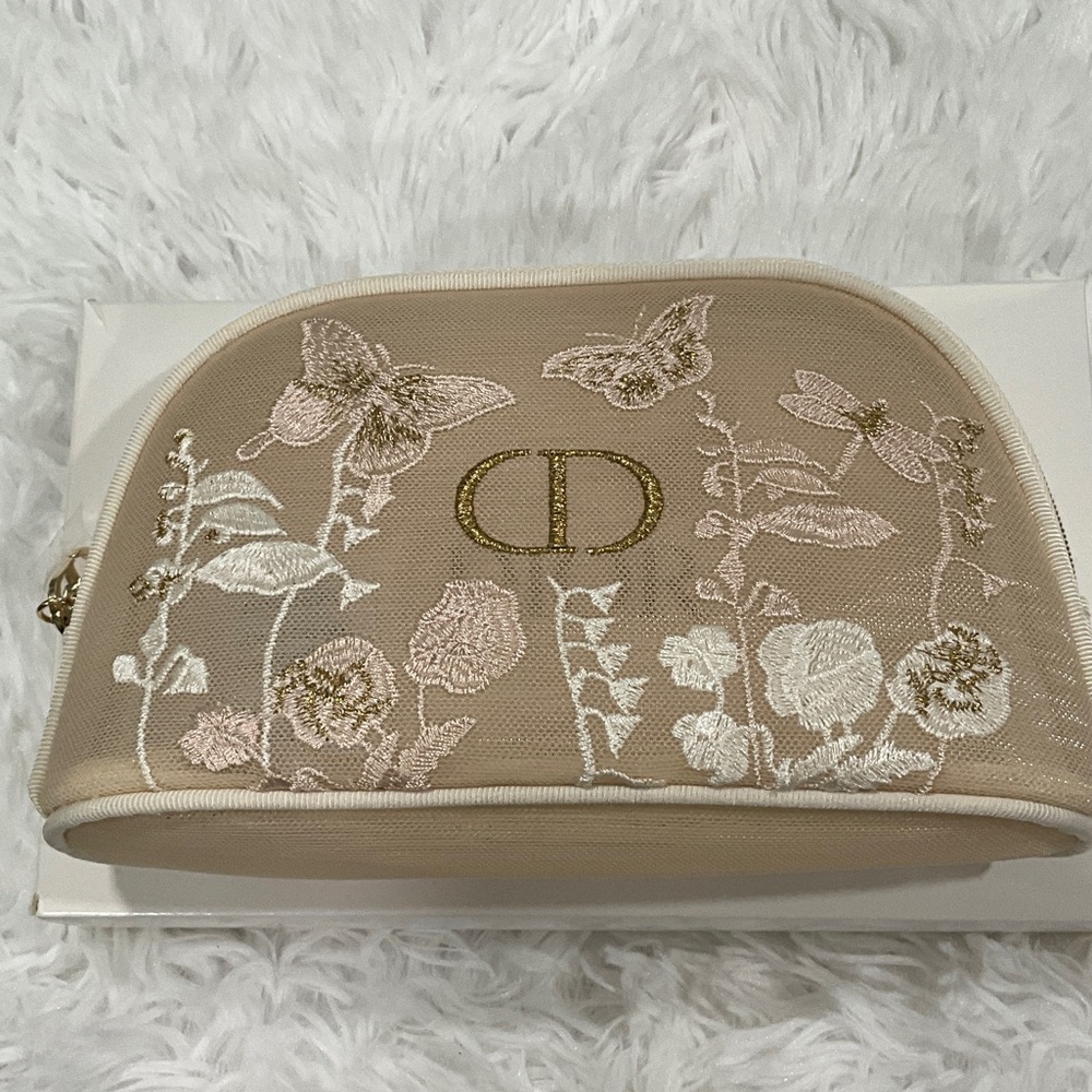 Dior Beauty Beige Embroidered Floral Cosmetic Pouch with Gold CD Logo